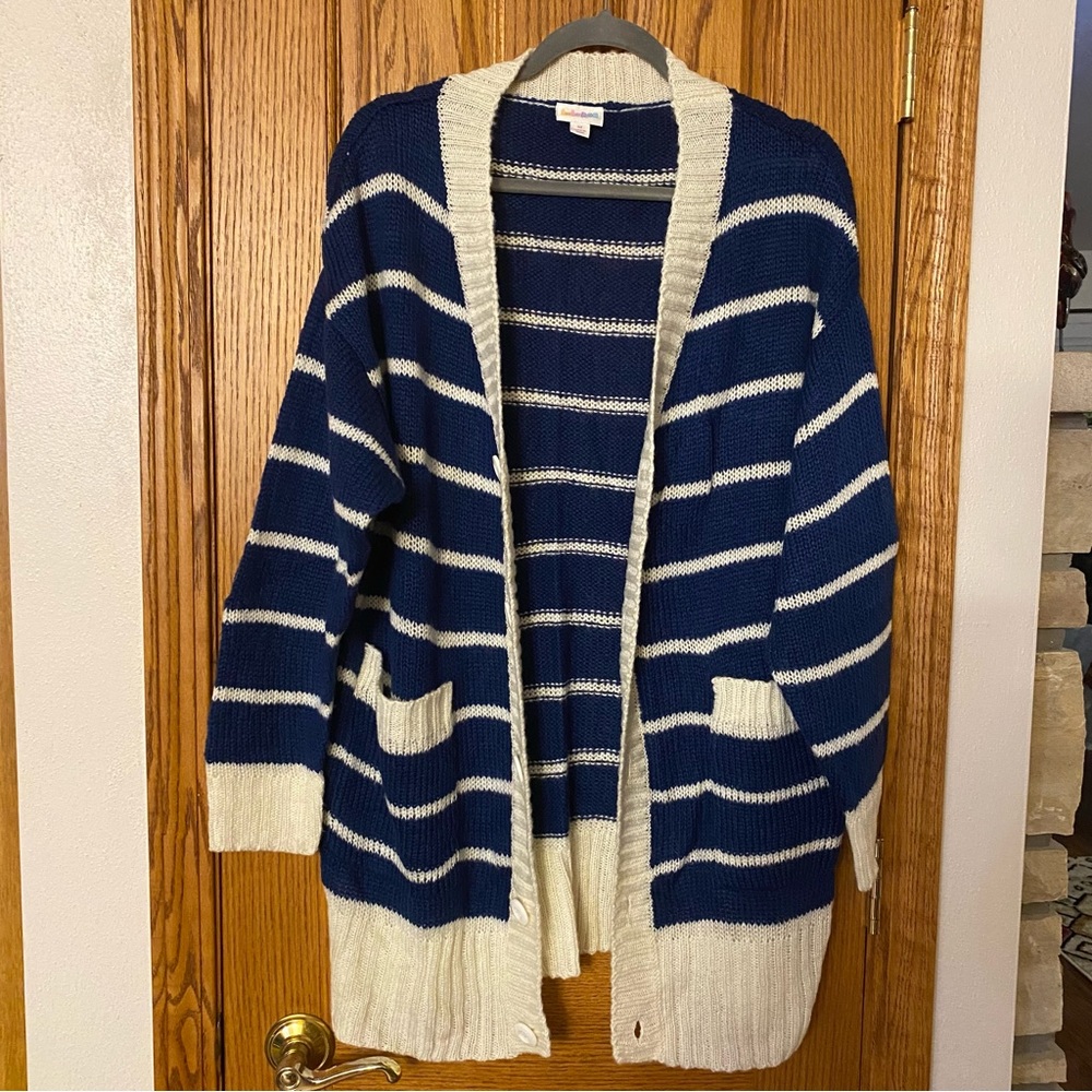 LulaRoe Lucille Cardigan Sweater Medium‎ Navy and Cream Stripes